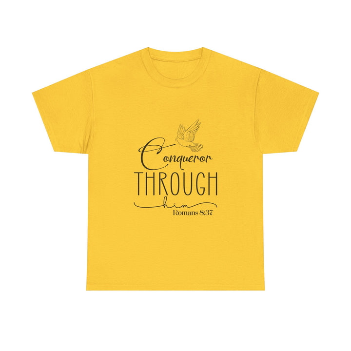 Conqueror Through Him Romans 8 37-01 Unisex Heavy Cotton Tee - Faith Scripture Gift | Gifts Of Words