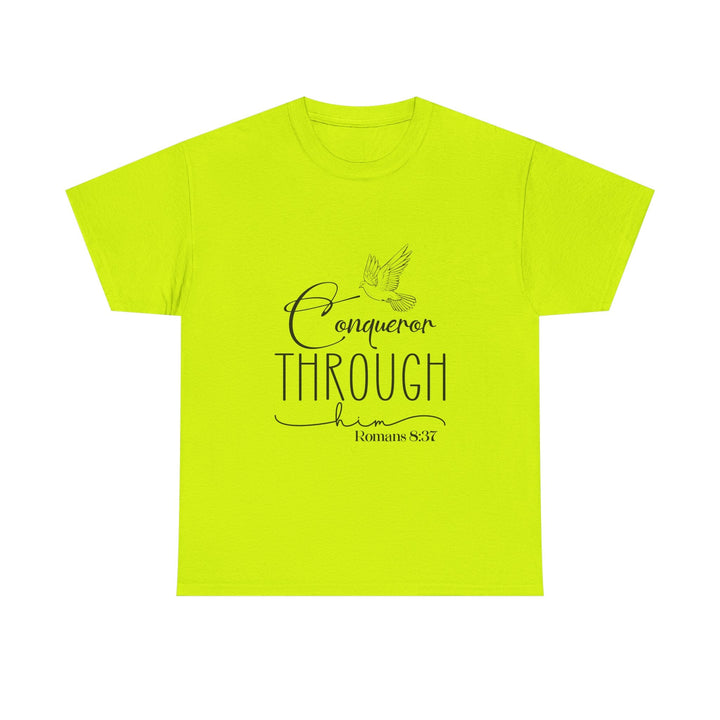 Conqueror Through Him Romans 8 37-01 Unisex Heavy Cotton Tee - Faith Scripture Gift | Gifts Of Words
