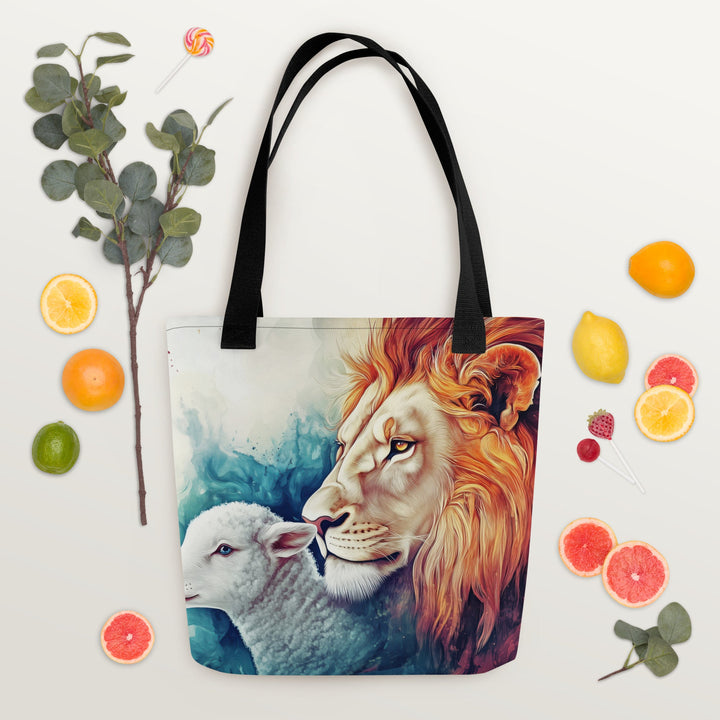 Majestic Lion and Lamb Sunset Scene – Symbol of Peace and Courage Tote bag - Faith Scripture Gift | Gifts Of Words