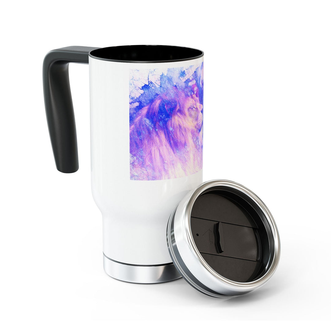 Majestic Purple Lion Stainless Steel Travel Mug with Handle, 14oz - Faith Scripture Gift | Gifts Of Words