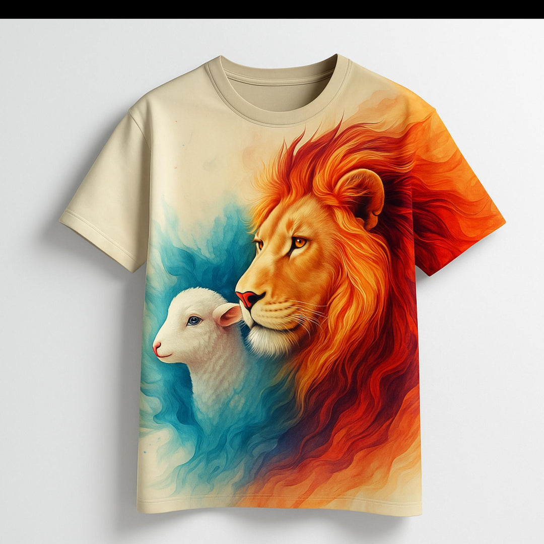 Lion & Lamb Peaceful Strength Christian Art – Inspirational Animal Design Women's T-shirt - Faith Scripture Gift | Gifts Of Words