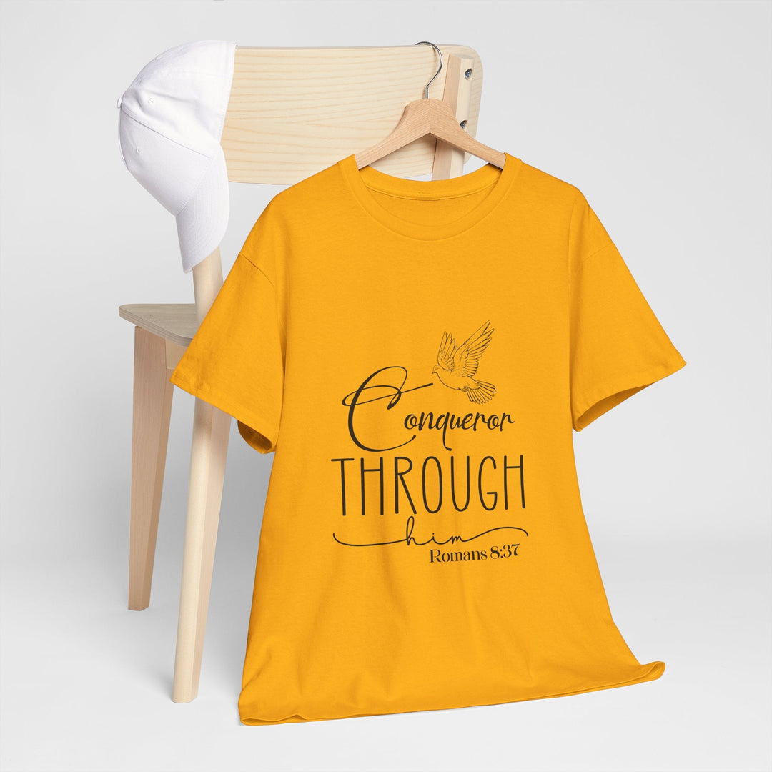 Conqueror Through Him Romans 8 37-01 Unisex Heavy Cotton Tee - Faith Scripture Gift | Gifts Of Words