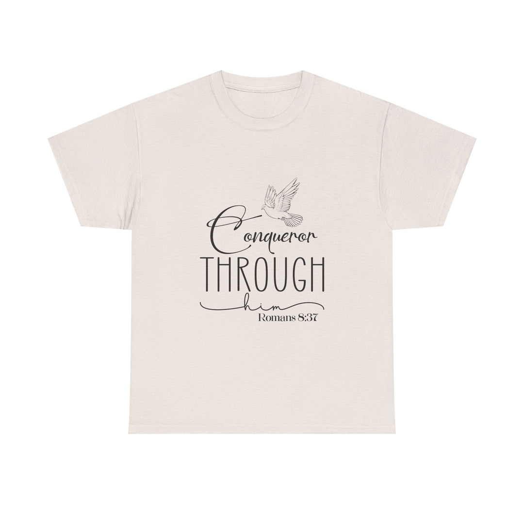 Conqueror Through Him Romans 8 37-01 Unisex Heavy Cotton Tee - Faith Scripture Gift | Gifts Of Words