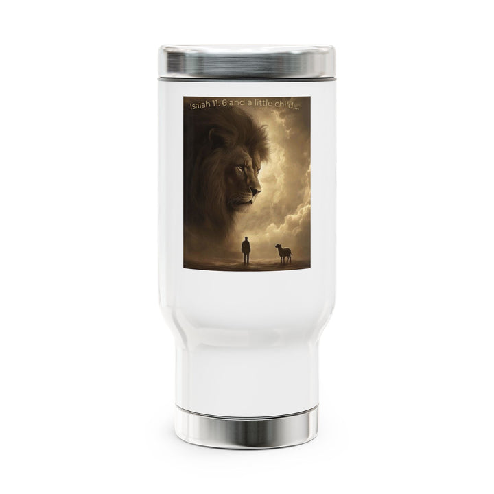 Lion with Child Silhouette – Symbol of Courage and Protection Stainless Steel Travel Mug with Handle, 14oz - Faith Scripture Gift | Gifts Of Words