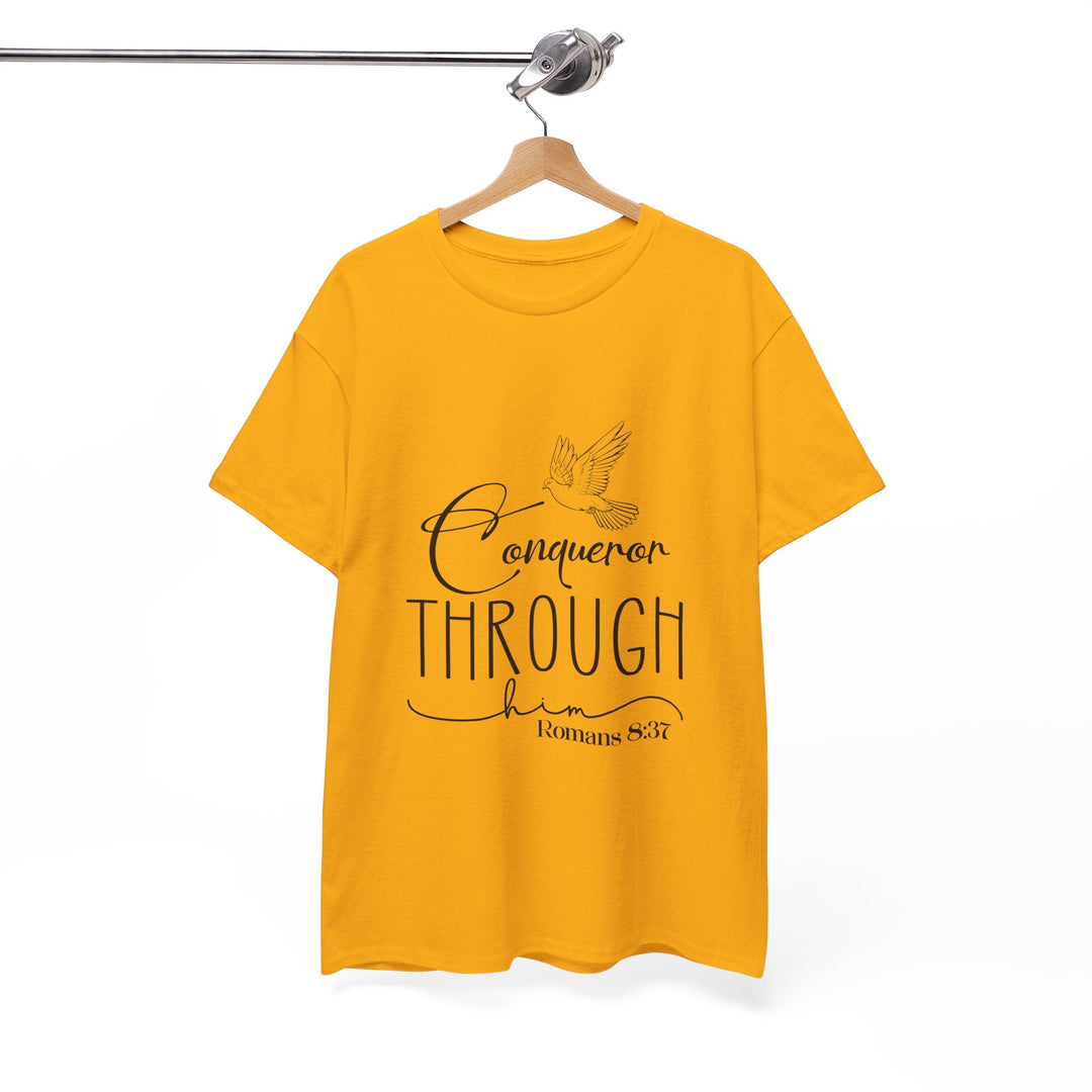 Conqueror Through Him Romans 8 37-01 Unisex Heavy Cotton Tee - Faith Scripture Gift | Gifts Of Words