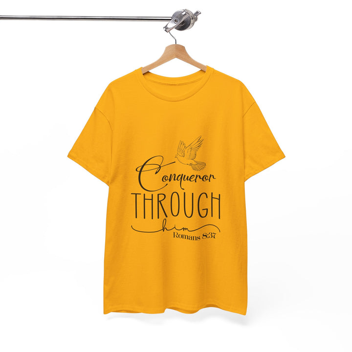 Conqueror Through Him Romans 8 37-01 Unisex Heavy Cotton Tee - Faith Scripture Gift | Gifts Of Words