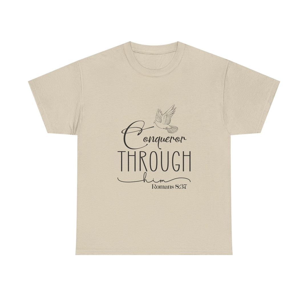 Conqueror Through Him Romans 8 37-01 Unisex Heavy Cotton Tee - Faith Scripture Gift | Gifts Of Words