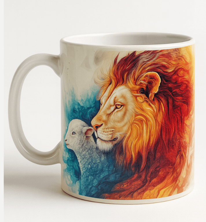 Lion and Lamb Watercolor Ceramic Mug – Symbol of Strength and Peace Accent Coffee Mug (11, 15oz) - Faith Scripture Gift | Gifts Of Words