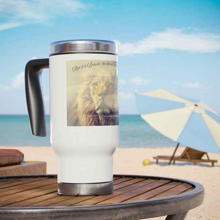 Lion and Lamb Travel Mug – Inspirational Wildlife Art Tumbler Stainless Steel Travel Mug with Handle, 14oz - Faith Scripture Gift | Gifts Of Words