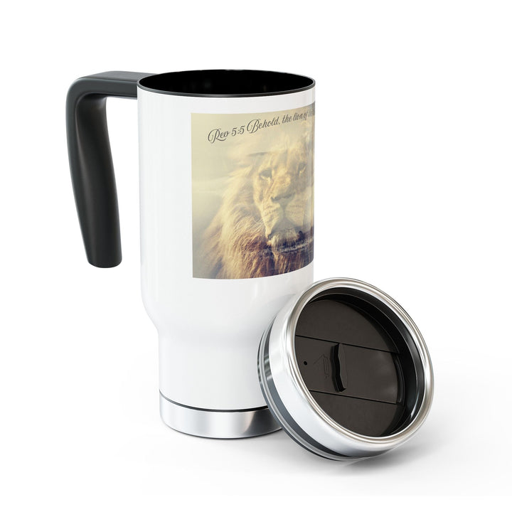 Lion and Lamb Travel Mug – Inspirational Wildlife Art Tumbler Stainless Steel Travel Mug with Handle, 14oz - Faith Scripture Gift | Gifts Of Words