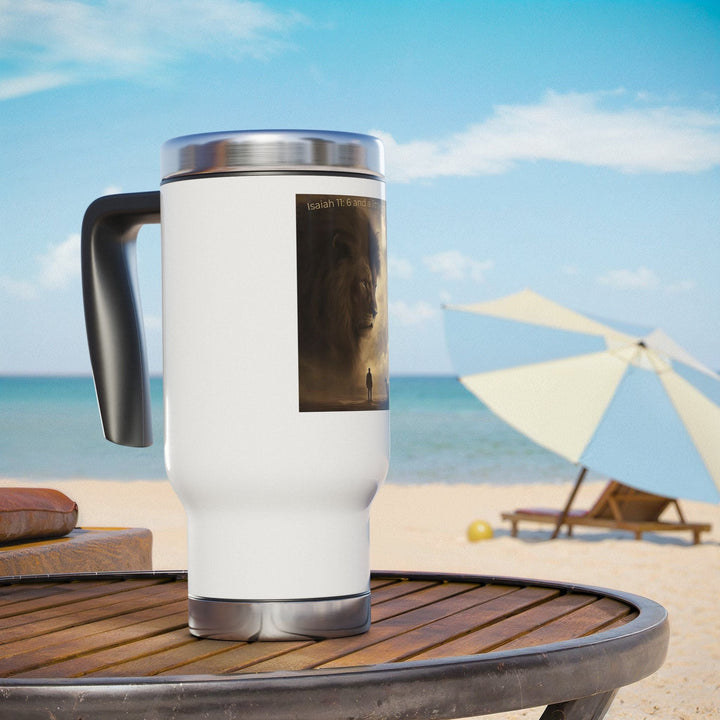 Lion with Child Silhouette – Symbol of Courage and Protection Stainless Steel Travel Mug with Handle, 14oz - Faith Scripture Gift | Gifts Of Words