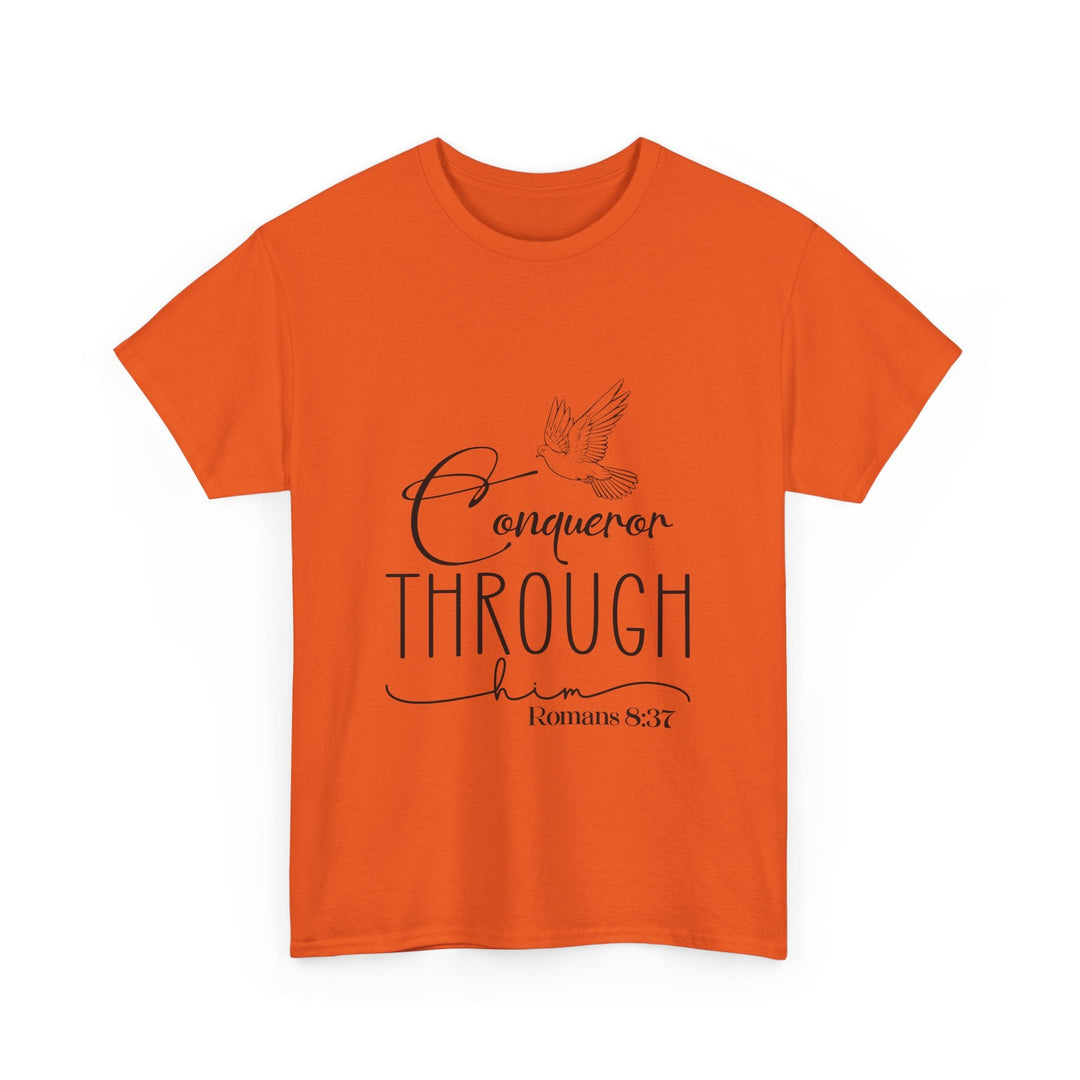 Conqueror Through Him Romans 8 37-01 Unisex Heavy Cotton Tee - Faith Scripture Gift | Gifts Of Words