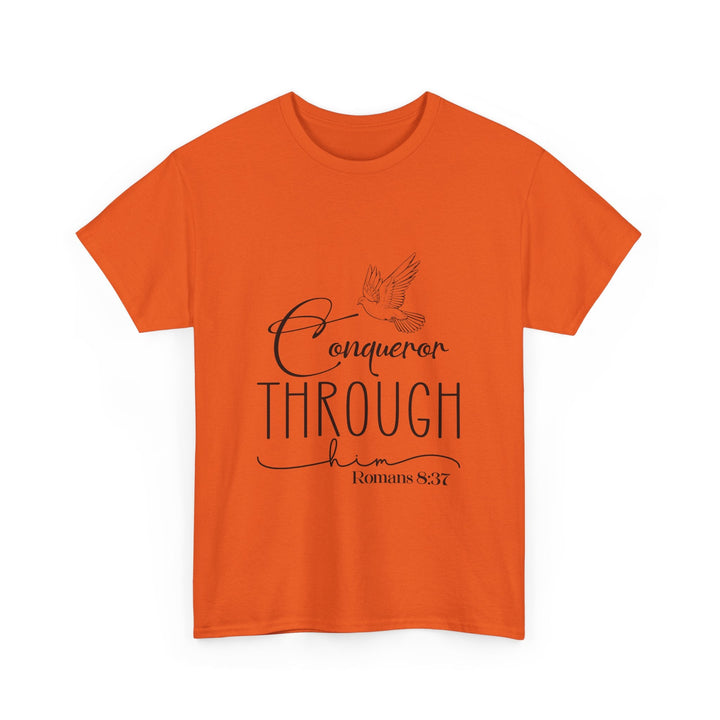 Conqueror Through Him Romans 8 37-01 Unisex Heavy Cotton Tee - Faith Scripture Gift | Gifts Of Words