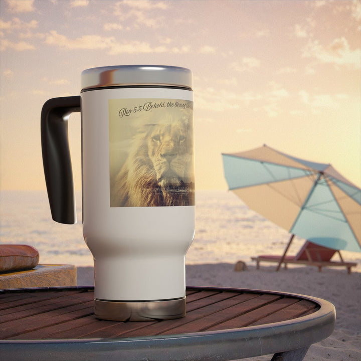 Lion and Lamb Travel Mug – Inspirational Wildlife Art Tumbler Stainless Steel Travel Mug with Handle, 14oz - Faith Scripture Gift | Gifts Of Words