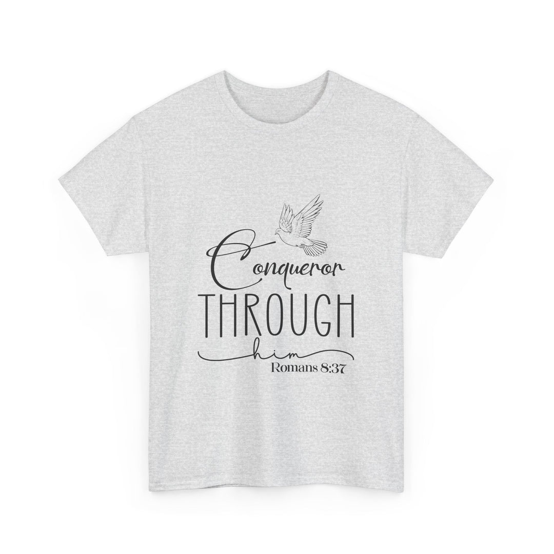 Conqueror Through Him Romans 8 37-01 Unisex Heavy Cotton Tee - Faith Scripture Gift | Gifts Of Words