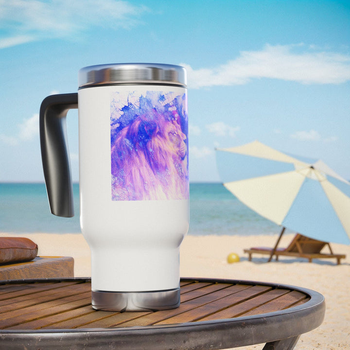Majestic Purple Lion Stainless Steel Travel Mug with Handle, 14oz - Faith Scripture Gift | Gifts Of Words