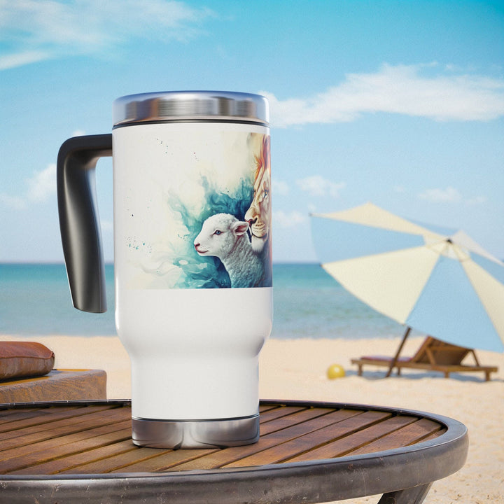 Lion and Lamb Stainless Steel Travel Mug with Handle, 14oz - Faith Scripture Gift | Gifts Of Words