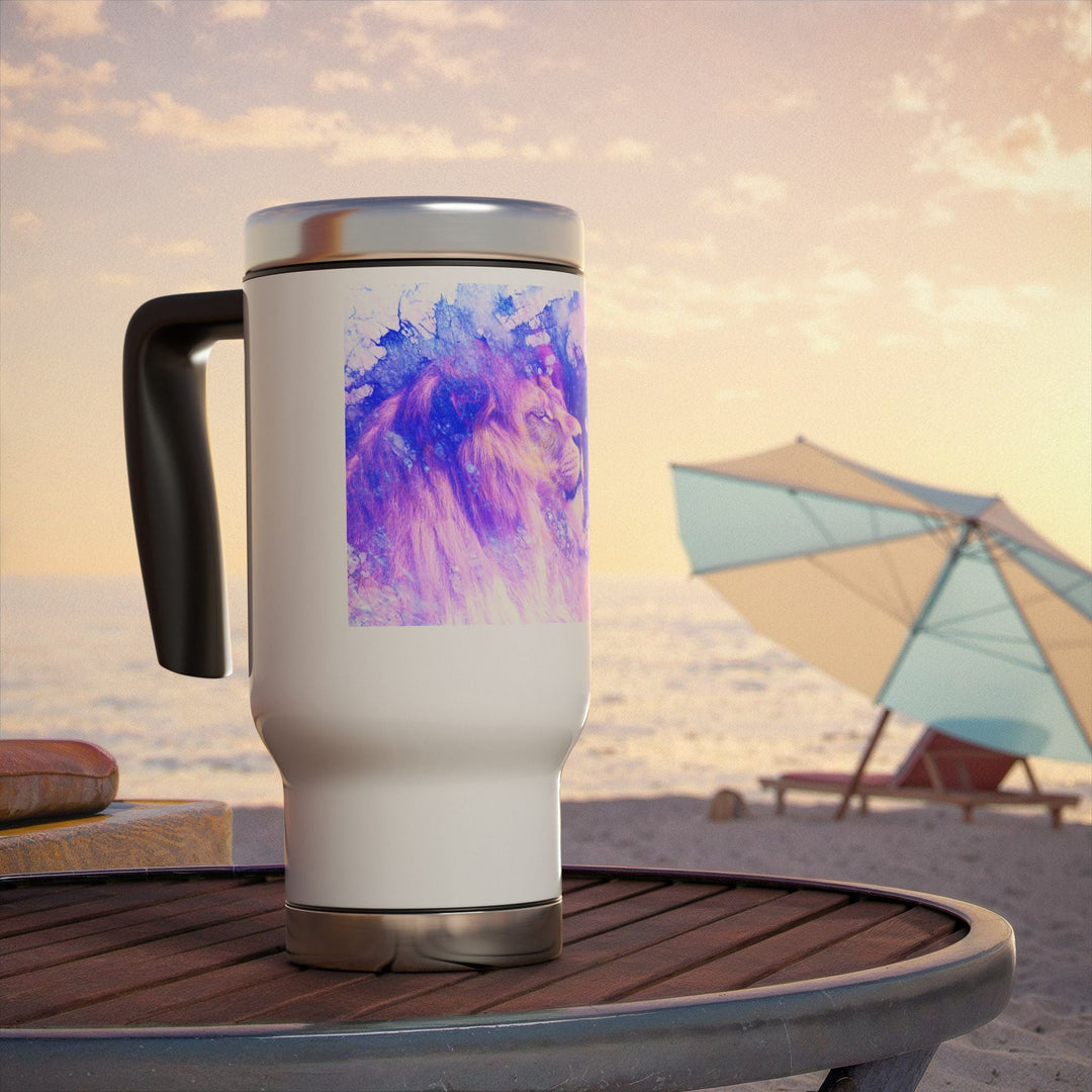 Majestic Purple Lion Stainless Steel Travel Mug with Handle, 14oz - Faith Scripture Gift | Gifts Of Words