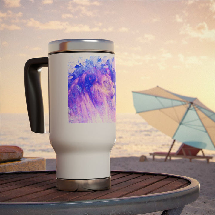 Majestic Purple Lion Stainless Steel Travel Mug with Handle, 14oz - Faith Scripture Gift | Gifts Of Words