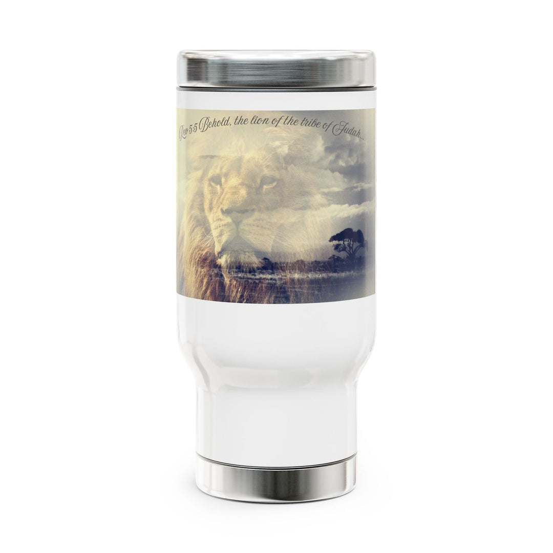 Lion and Lamb Travel Mug – Inspirational Wildlife Art Tumbler Stainless Steel Travel Mug with Handle, 14oz - Faith Scripture Gift | Gifts Of Words