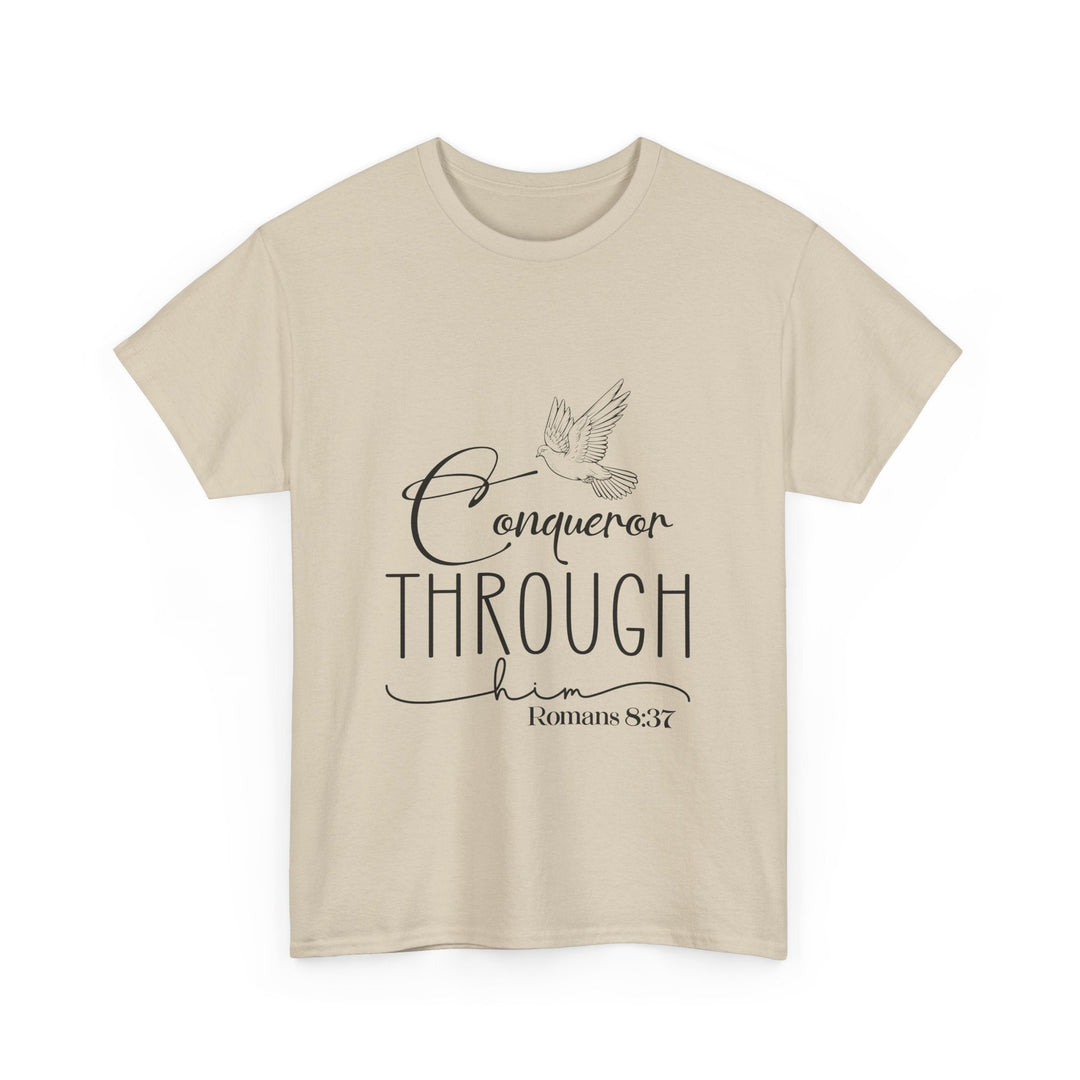Conqueror Through Him Romans 8 37-01 Unisex Heavy Cotton Tee - Faith Scripture Gift | Gifts Of Words
