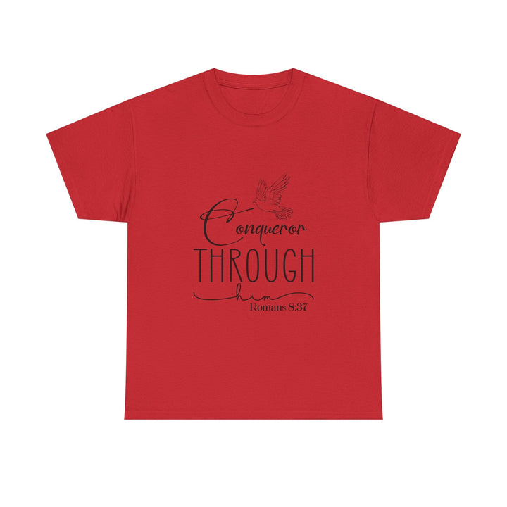 Conqueror Through Him Romans 8 37-01 Unisex Heavy Cotton Tee - Faith Scripture Gift | Gifts Of Words