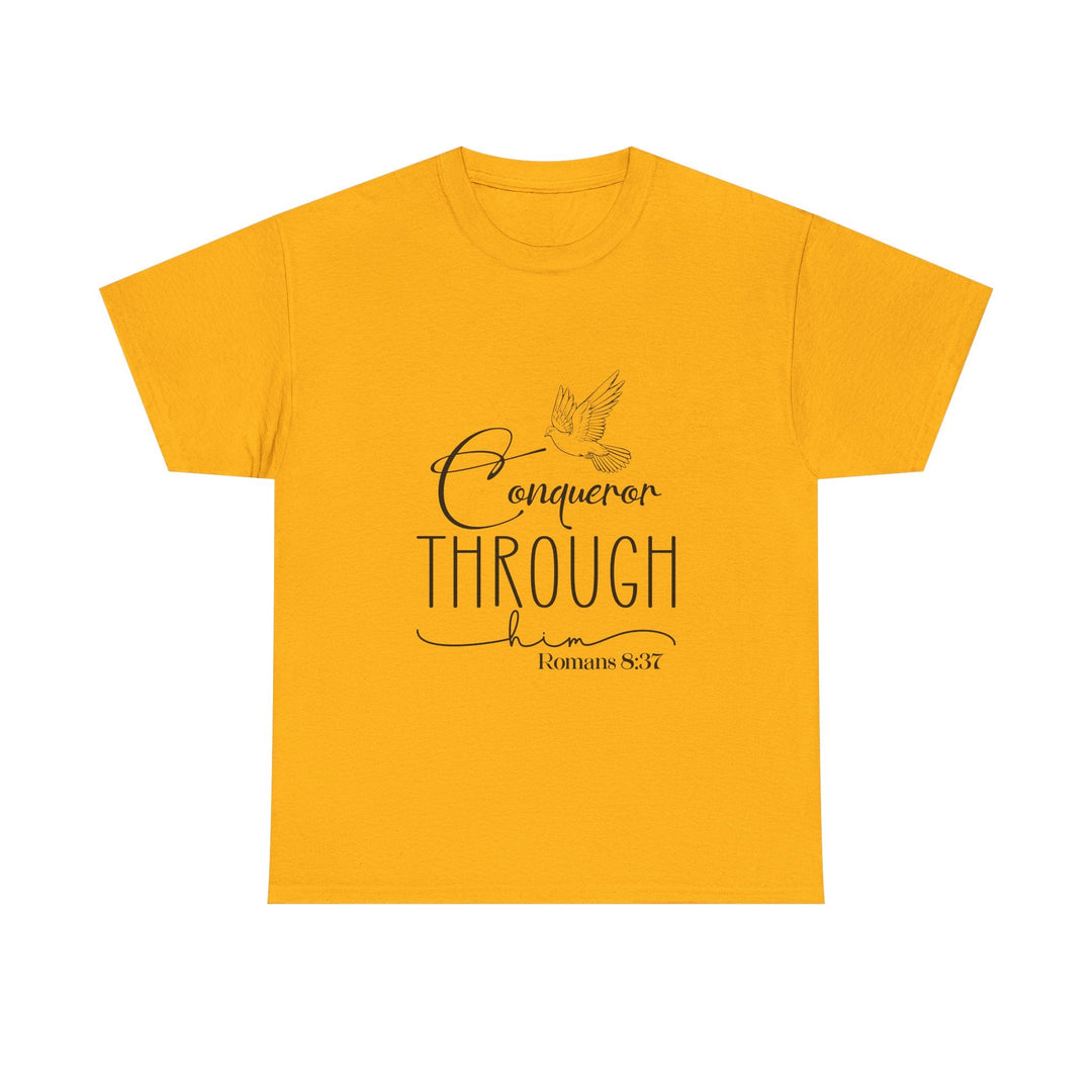 Conqueror Through Him Romans 8 37-01 Unisex Heavy Cotton Tee - Faith Scripture Gift | Gifts Of Words