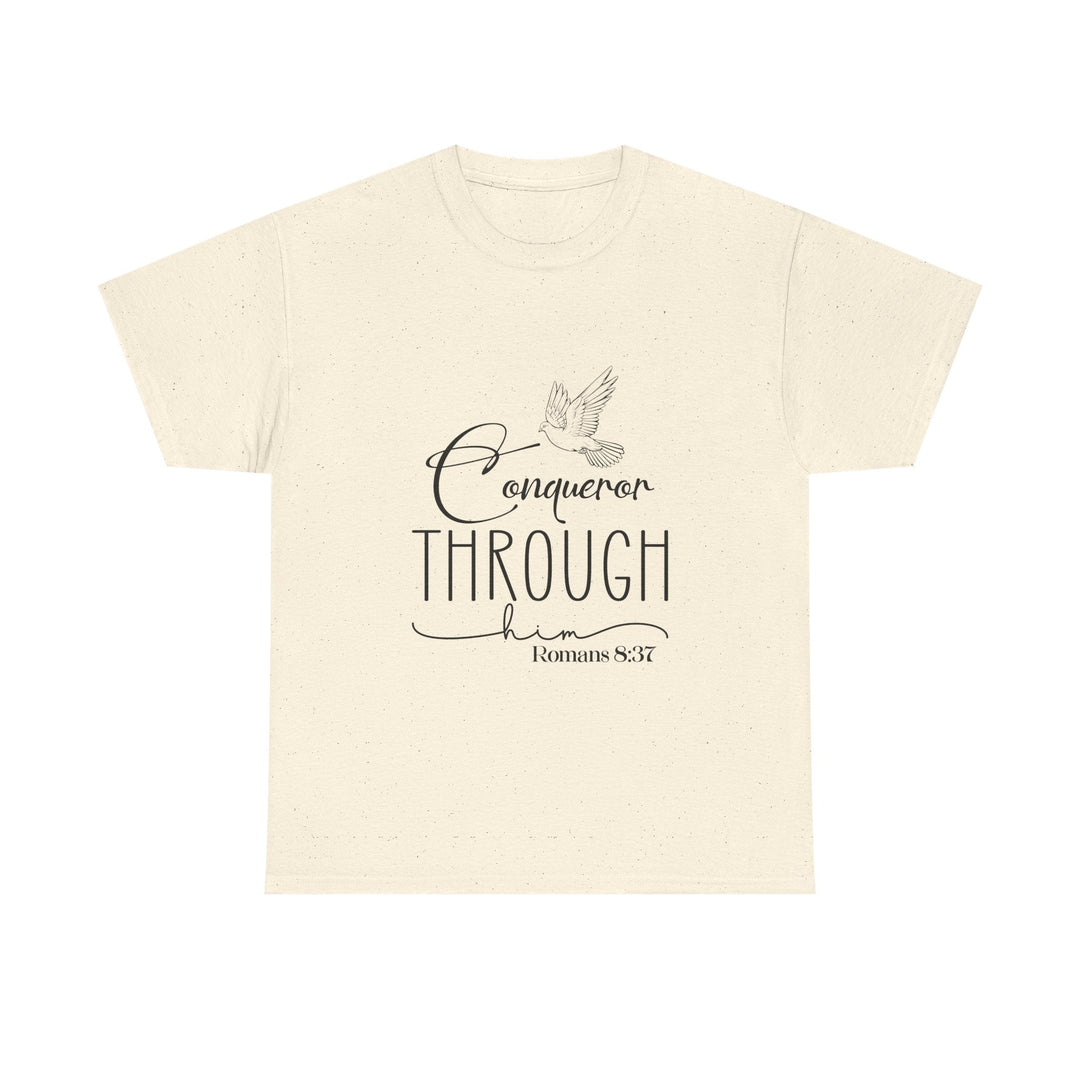 Conqueror Through Him Romans 8 37-01 Unisex Heavy Cotton Tee - Faith Scripture Gift | Gifts Of Words