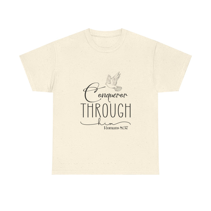 Conqueror Through Him Romans 8 37-01 Unisex Heavy Cotton Tee - Faith Scripture Gift | Gifts Of Words