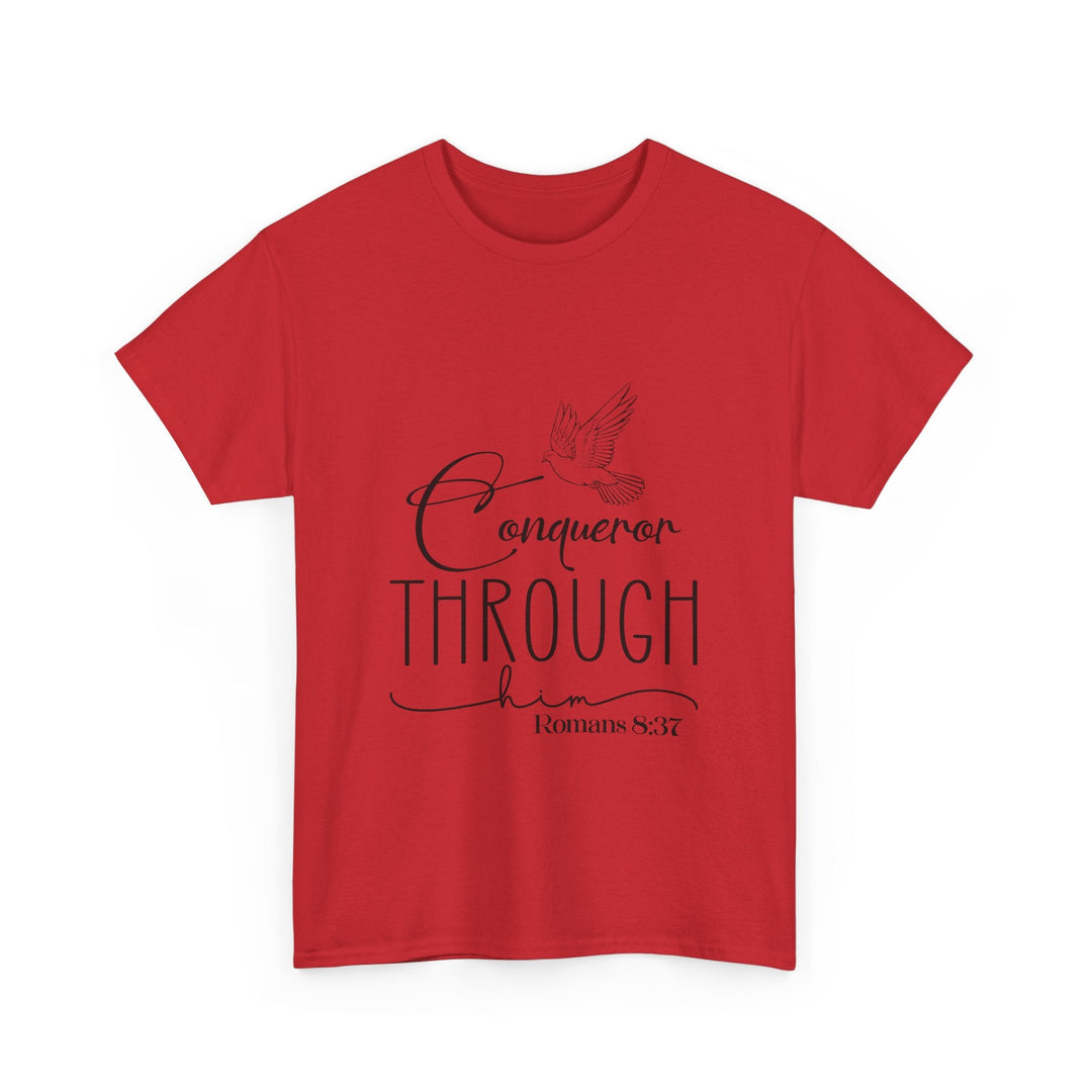 Conqueror Through Him Romans 8 37-01 Unisex Heavy Cotton Tee - Faith Scripture Gift | Gifts Of Words