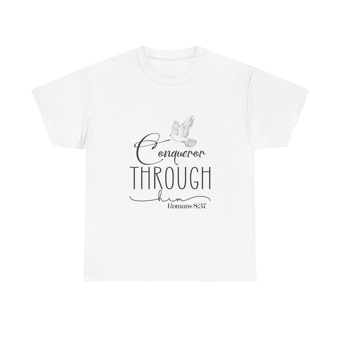 Conqueror Through Him Romans 8 37-01 Unisex Heavy Cotton Tee - Faith Scripture Gift | Gifts Of Words