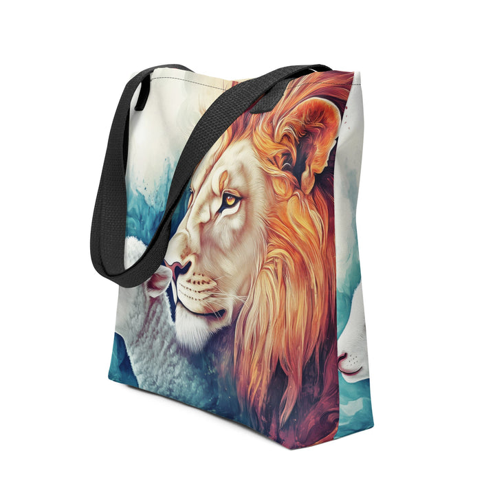 Majestic Lion and Lamb Sunset Scene – Symbol of Peace and Courage Tote bag - Faith Scripture Gift | Gifts Of Words