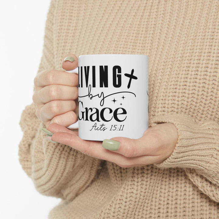 Living by Grace Acts 15 11-01 Ceramic Mug, (11oz, 15oz) - Faith Scripture Gift | Gifts Of Words
